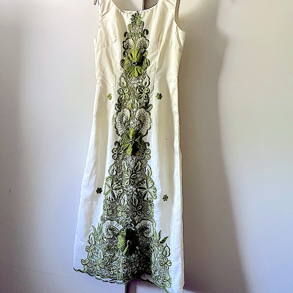 Unnamed vintage midi ivory and green dress. Gorgeous late 70s  80s lined Sz 6 - Picture 1 of 11